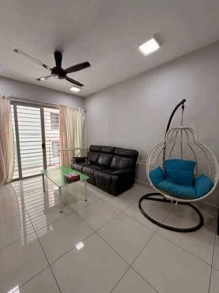 Living features: 3-seater leather sofa in black, glass coffee table, hanging chair with blue cushion, ceiling fan, recessed LED downlights, floor-to-ceiling sliding glass door, sheer curtains, white painted walls, glossy ceramic tile flooring; style: modern.