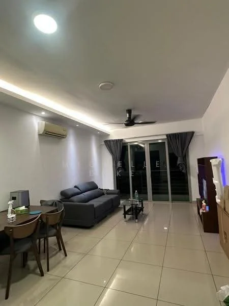 Living features: 3-seater fabric sofa in grey, ceiling fan, wall-mounted split AC, recessed LED downlights, sliding glass door, floor-to-ceiling windows, grey curtains, TV console, freestanding TV cabinet, dining table with 4 chairs, tile flooring, white painted walls; style: modern.
