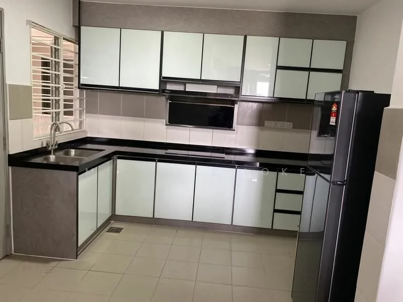 Kitchen features: black granite countertop, white and grey cabinetry, stainless-steel single-bowl sink, chrome pull-down faucet, built-in oven, stainless-steel fridge, ceramic tile flooring, wall-mounted cabinets, open shelving, tile backsplash, window for natural light, recessed lighting; style: modern.