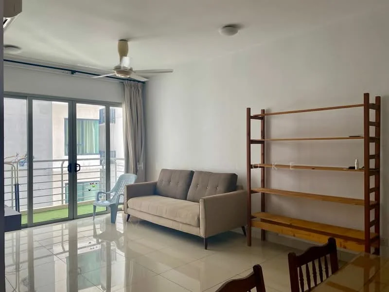 Living features: 3-seater fabric sofa in beige, ceiling fan, floor-to-ceiling sliding glass door, white painted walls, glossy tile flooring, wooden shelving unit, light curtains, green view from balcony; style: modern; view: garden.