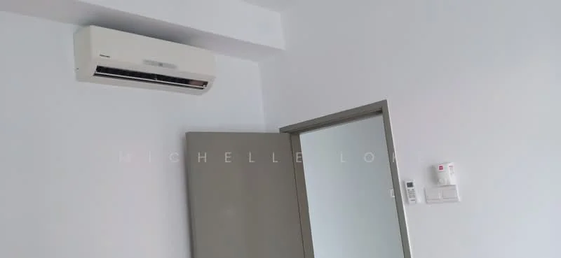 Room features: white painted walls, ceiling-mounted air conditioning unit, light switch, door with grey finish.