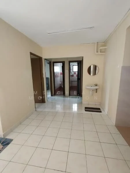 Room features: white painted walls, tile flooring, ceiling lights, mirror on wall, doorway leading to other rooms, wall-mounted sink, floor mat, neutral color scheme; style: modern.