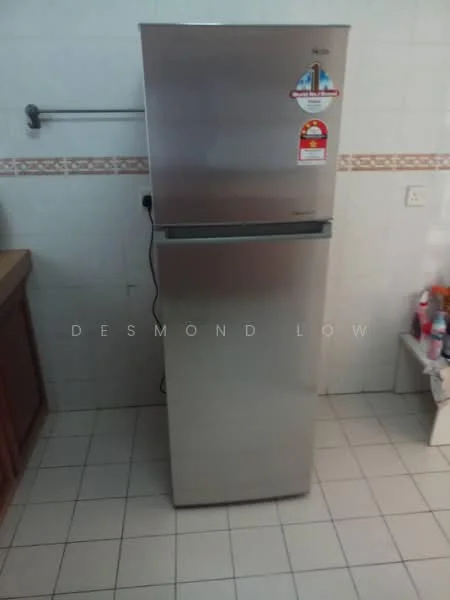 Kitchen features: stainless-steel fridge, tile flooring, white tiled walls, wood cabinetry, countertop, splashback, sink, kitchen appliances.