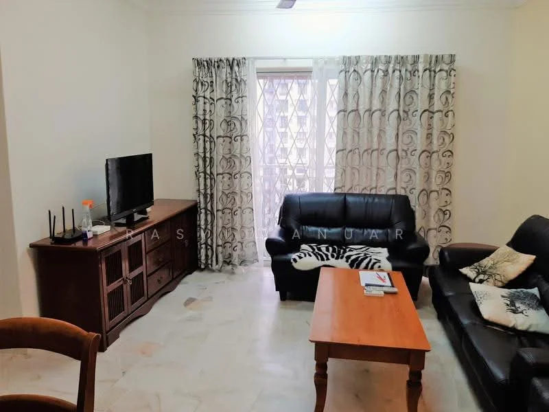 Living features: black leather 3-seater sofa, black leather 2-seater sofa, wooden coffee table, TV console, wall-mounted TV, curtains with abstract pattern, marble flooring, decorative cushion, side table, decorative wall art; style: modern.