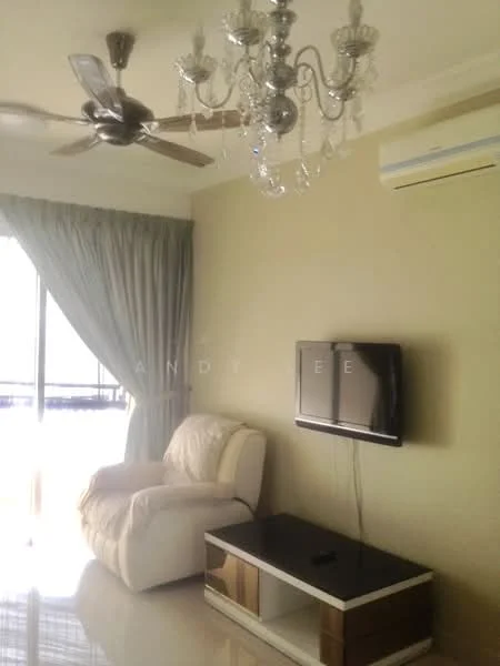 Living features: chandelier, 5-blade ceiling fan, cream leather armchair, black and white coffee table, wall-mounted TV, light beige painted walls, large window with sheer curtains, glossy tile flooring, air conditioning unit; style: modern.