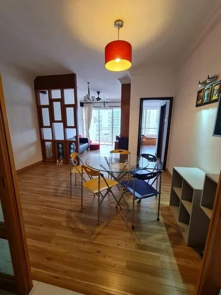 Living features: wooden flooring, white painted walls, tray ceiling, 5-blade ceiling fan with light, red pendant light, glass dining table with metal frame, yellow and blue dining chairs, black sofa, TV console, decorative wall art, large windows with city view; style: modern; view: city.