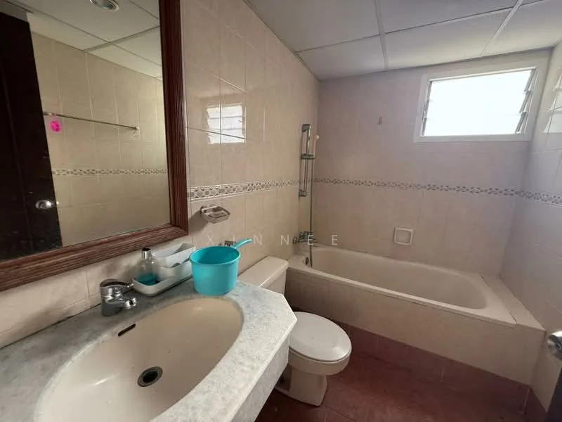 Bathroom features: single-sink vanity with marble top, chrome basin mixer faucet, framed mirror, built-in bathtub, shower with handheld showerhead, white tiled walls, brown ceramic tile flooring, window with louvered shutters, toilet, towel rack.