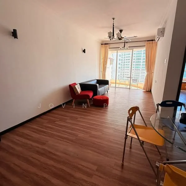 Living features: laminate flooring, white painted walls, 5-blade ceiling fan with light, sofa in black leather, red accent chair, glass dining table, yellow dining chair, floor-to-ceiling windows, curtains, balcony door; style: modern; view: city.