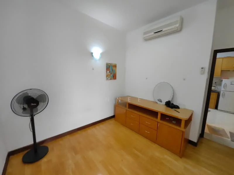 Room features: wooden flooring, white painted walls, wall-mounted air conditioning unit, ceiling light fixture, wall-mounted mirror, wooden console table, standing fan.