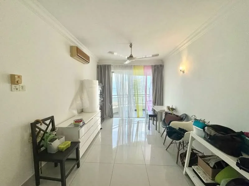 Living features: white painted walls, glossy tile flooring, 5-blade ceiling fan with light, floor-to-ceiling windows, sheer curtains, curtains in pastel colors, white sideboard, black dining chair, white dining table, decorative items on shelves; style: modern; view: city.