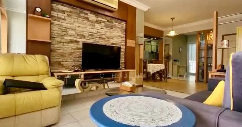 Living features: stone feature wall, flat-screen TV on wall-mounted console, yellow leather armchair, blue round coffee table, cream tiled flooring, recessed ceiling lights, decorative wall shelves, open layout to dining area; style: modern.