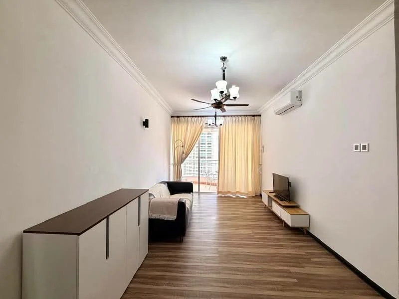 Living features: white painted walls, laminate flooring, 5-blade ceiling fan with light, chandelier, floor-to-ceiling windows, sheer curtains, TV console, wall-mounted TV, sofa in black and white, decorative wall panel, air conditioning unit; style: modern; view: city.