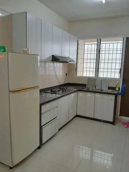 Kitchen features: white laminate cabinetry, black countertop, stainless-steel gas hob, stainless-steel range hood, single-bowl stainless-steel sink, white refrigerator, ceramic tile flooring, window with grid pattern, wall-mounted mirror, kitchen utensils on countertop; style: modern.