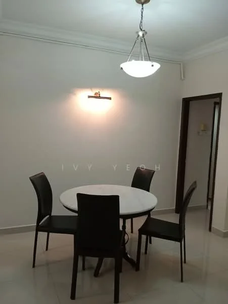 Dining features: round marble dining table, 4 black dining chairs, white painted walls, tile flooring, ceiling light fixture, wall-mounted light, crown moulding; style: modern.