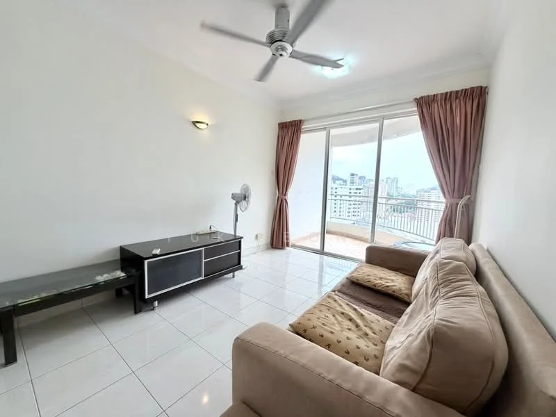 Living features: 3-seater fabric sofa in beige, coffee table with glass top, floor-to-ceiling windows, sliding glass door, curtains in brown, ceiling fan, white painted walls, glossy tile flooring, wall-mounted TV console, city view; style: modern; view: city.
