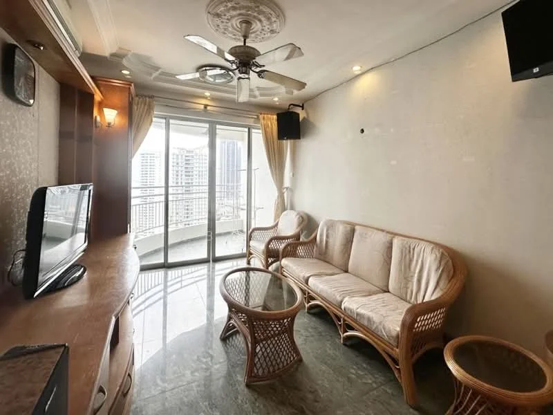 Living features: 3-seater rattan sofa with cream cushions, glass coffee table, 2 rattan side tables, wall-mounted TV, ceiling fan with light, marble flooring, floor-to-ceiling windows, curtains, decorative ceiling with plaster details; style: modern; view: city.