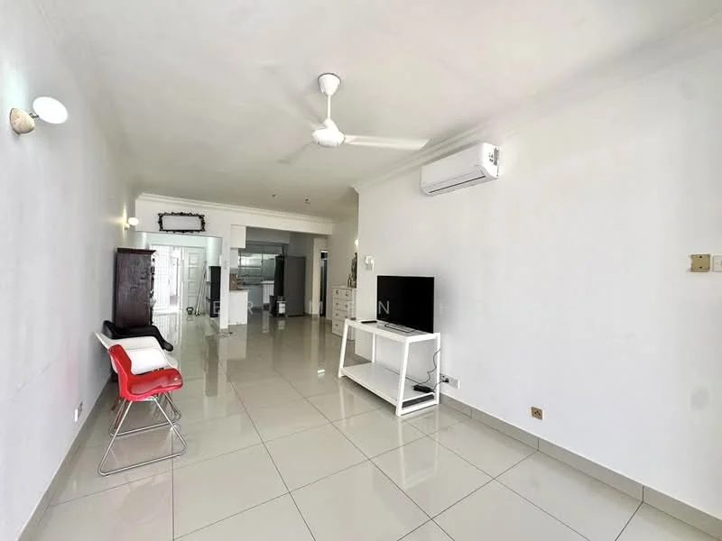Living features: white painted walls, glossy ceramic tile flooring, 5-blade ceiling fan with light, wall-mounted air conditioning unit, TV console, freestanding TV cabinet, white shelving unit, red upholstered chair, natural light from windows, neutral decor; style: modern.
