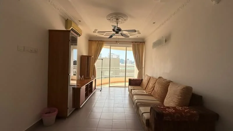 Living features: 3-seater fabric sofa in beige, 2-seater fabric sofa in brown, ceiling fan with light, recessed downlights, floor-to-ceiling windows, curtains, TV console, tile flooring, decorative ceiling rose, wall-mounted air conditioning unit, open view from window; style: modern; view: city.