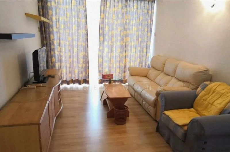 Living features: light wood laminate flooring, beige leather sofa, grey fabric armchair, wooden coffee table, wooden TV console, wall-mounted TV, yellow floral patterned curtains, shelf above TV console, decorative basket; style: contemporary.