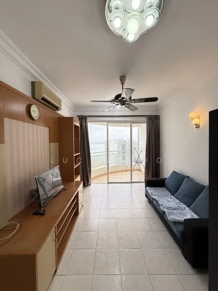 Living features: sofa in dark grey, wooden TV console, wall-mounted TV, ceiling fan with light, recessed downlights, large sliding glass door, floor-to-ceiling windows, cream painted walls, tile flooring, curtains in dark grey, clock on wall, air conditioning unit; style: modern; view: city.