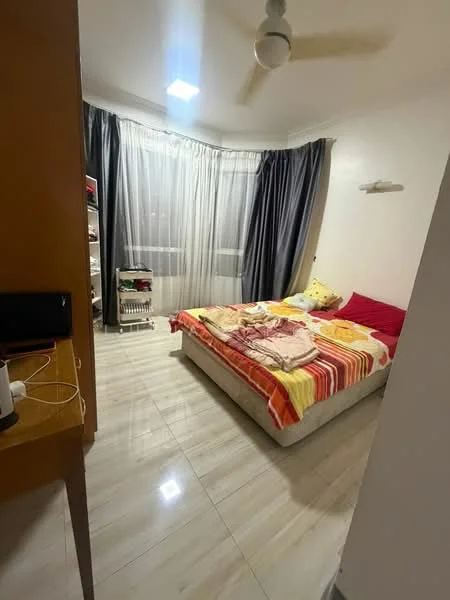 Bedroom features: queen-size bed with colorful bedding, wooden bedside table, ceiling fan, floor-to-ceiling windows with sheer curtains, dark grey curtains, laminate flooring, built-in wardrobe, decorative wall shelf; style: modern.
