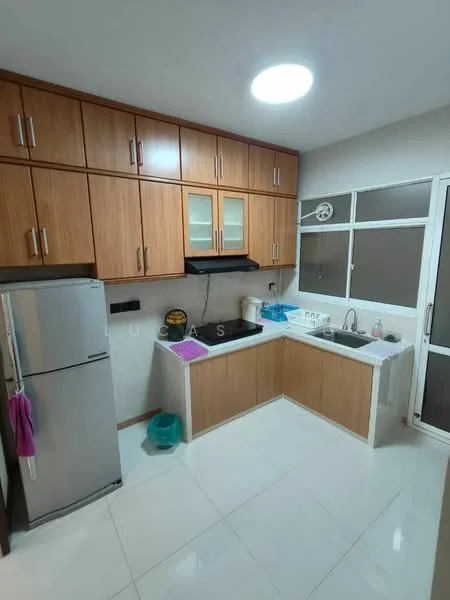 Kitchen features: wood cabinetry with upper glass-front cabinets, white quartz countertop, single-bowl stainless-steel sink, chrome pull-down faucet, built-in stove with exhaust hood, stainless-steel fridge, white tiled backsplash, white ceramic tile flooring, recessed ceiling light, window with sliding glass door, kitchen island with storage; style: modern.