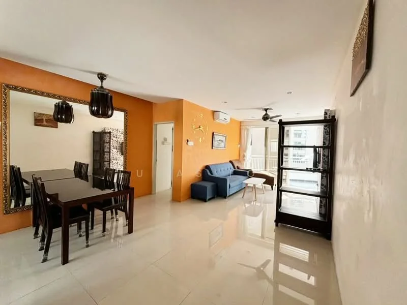 Living features: orange painted walls, white walls, polished tile flooring, 5-blade ceiling fan, sofa in blue, dining table for 6 with black chairs, large mirror, wall-mounted TV cabinet, air conditioning unit, sliding glass door leading to balcony; style: modern.