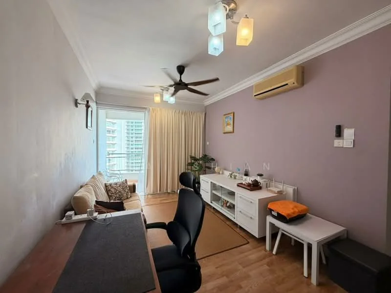 Living features: cream painted walls, wooden flooring, 5-blade ceiling fan with light, recessed downlights, sofa in beige, coffee table, TV console, wall-mounted TV, curtains, floor-to-ceiling windows, decorative plant, area rug, study desk, black office chair, air conditioning unit; style: modern; view: city.