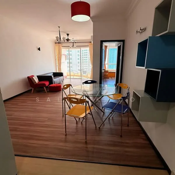 Dining features: glass dining table, 4 colorful chairs (yellow, blue, red), wood laminate flooring, white painted walls, ceiling light fixture, window with city view, sofa in living area visible, open layout to living room; style: modern; view: city. Living features: black leather sofa, wall-mounted TV, light fixture, curtains, open layout to dining area; style: modern; view: city.
