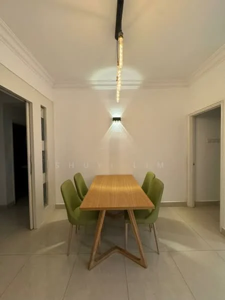 Dining features: rectangular wooden dining table, green upholstered dining chairs, white painted walls, tile flooring, recessed downlights, exposed beam ceiling, modern pendant light fixture; style: modern.