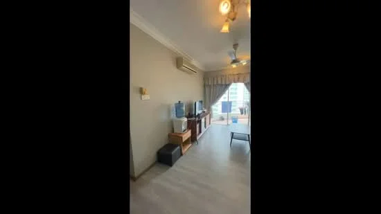 Living features: light grey painted walls, laminate flooring, 5-blade ceiling fan with light, wall-mounted air conditioning unit, TV console, freestanding TV, water dispenser, coffee table, curtains, floor-to-ceiling windows, outdoor view; style: modern; view: city.