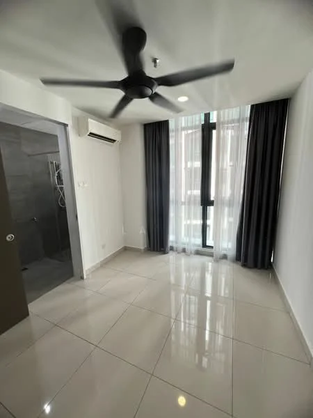 Room features: white painted walls, glossy tile flooring, 5-blade ceiling fan, floor-to-ceiling windows, sheer curtains, dark grey curtains, air conditioning unit, shower area visible in background; style: modern.