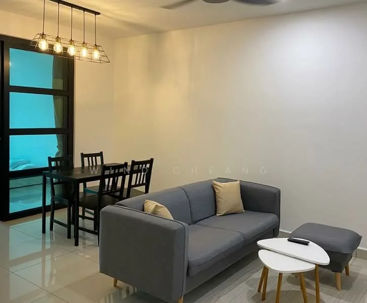 Living features: grey fabric sofa, 2 beige cushions, white coffee table, black TV remote, ceiling fan, recessed downlights, white walls, glossy tile flooring; style: modern. Dining features: black dining table, 4 black dining chairs, floor-to-ceiling windows, blue-tinted glass view; style: modern.