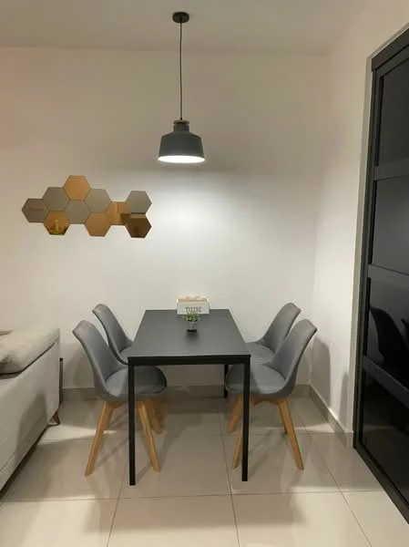 Dining features: black dining table, 4 grey upholstered dining chairs, pendant light fixture, hexagonal mirror wall decor, white painted walls, glossy tile flooring; style: modern.