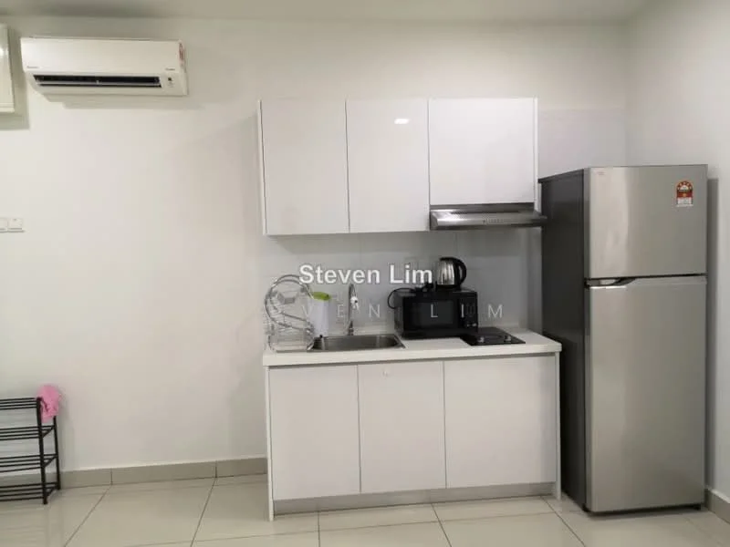 Kitchen features: white flat-panel cabinets, stainless-steel sink, chrome pull-down faucet, built-in oven, stainless-steel range hood, microwave, stainless-steel fridge, black countertop, ceramic tile flooring, wall-mounted split AC; style: modern.