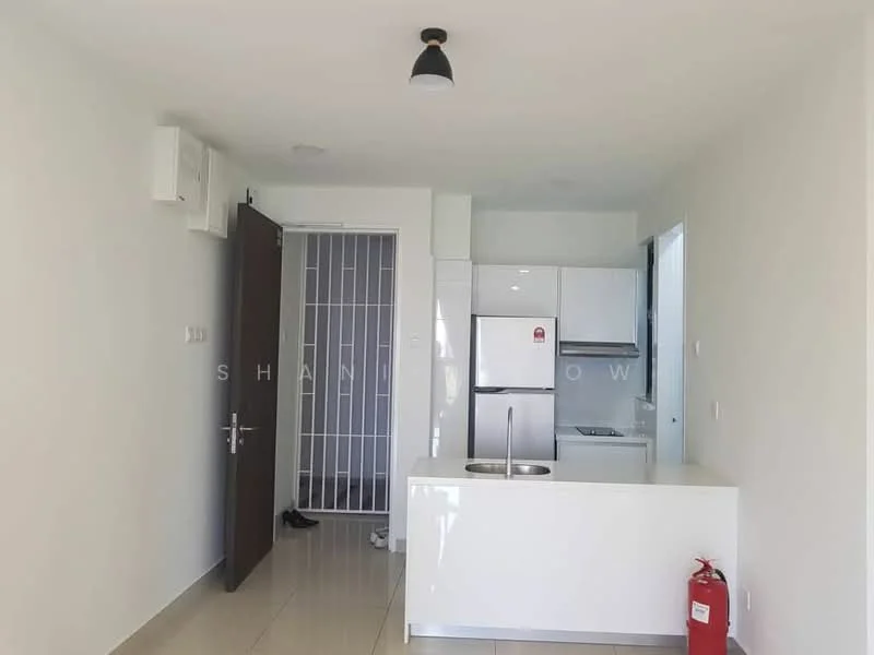 Kitchen features: white cabinetry, stainless-steel fridge, built-in oven, 4-burner gas hob, single-bowl stainless-steel sink, chrome pull-down faucet, white countertop, tile backsplash, pendant light, wall-mounted split AC, fire extinguisher, open layout; style: modern. Room features: white painted walls, tile flooring, main entrance door, security grille.