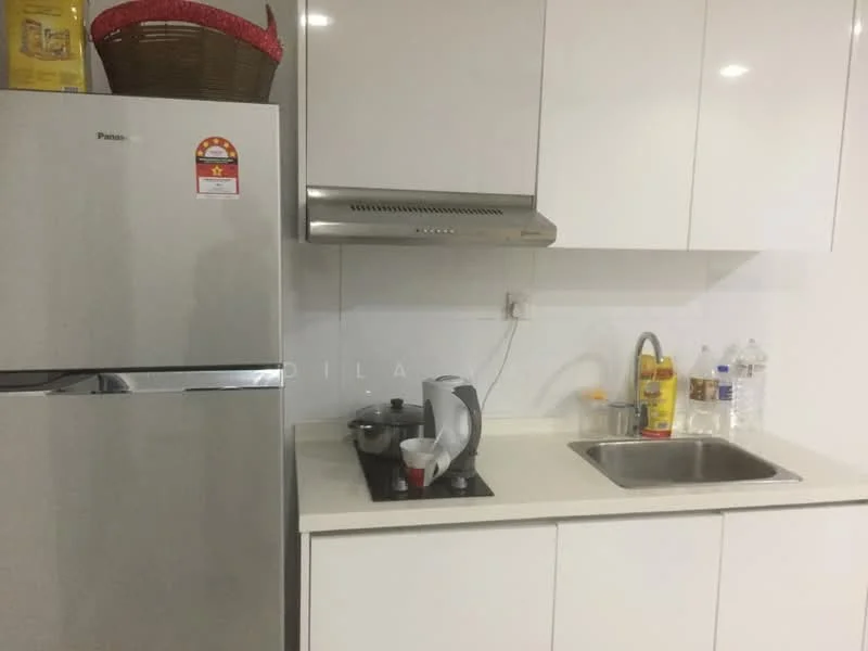 Kitchen features: stainless-steel fridge, built-in oven, stainless-steel range hood, single-bowl stainless-steel sink, chrome pull-down faucet, white cabinetry, white countertop, gas hob, kettle, bottle water, cooking pot; style: modern.