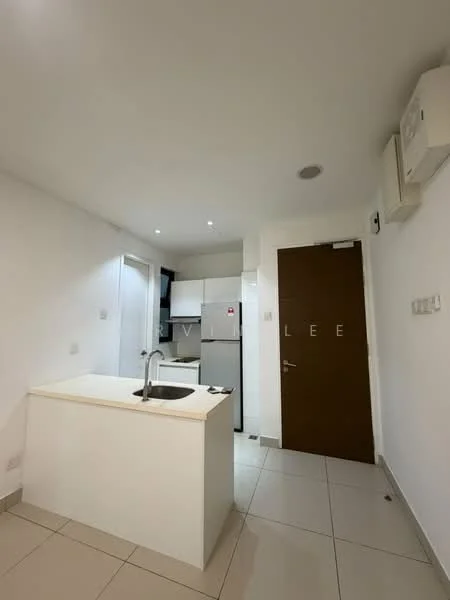 Kitchen features: white painted walls, tile flooring, single-bowl stainless-steel sink, chrome pull-down faucet, white cabinetry, built-in fridge, built-in oven, 2-burner electric hob, recessed downlights, wall-mounted split AC; style: modern.