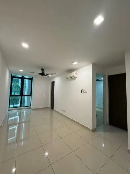 Living features: white painted walls, glossy ceramic tile flooring, 5-blade ceiling fan with light, recessed LED downlights, floor-to-ceiling windows, sliding glass door, air conditioning unit, neutral decor; style: modern; view: garden.