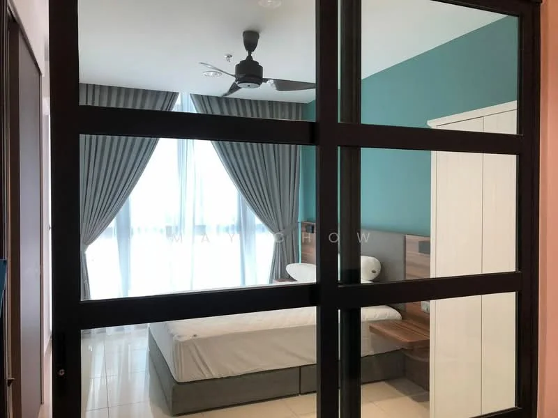 Bedroom features: queen-size bed, upholstered headboard, bedside tables, floor-to-ceiling windows, sheer curtains, dark grey accent wall, light grey walls, ceiling fan, built-in wardrobe, tile flooring; style: modern.