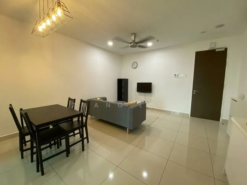 Living features: grey fabric sofa, 3-seater sofa, black dining table, 4 dining chairs, wall-mounted TV, ceiling fan with light, recessed downlights, clock on wall, tile flooring, white painted walls, black storage unit; style: modern.