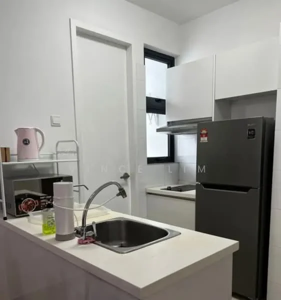 Kitchen features: single-bowl stainless-steel sink, chrome pull-down faucet, white laminate countertop, white cabinetry, built-in oven, stainless-steel fridge, microwave, ceramic tile flooring, white tiled backsplash, window above sink, open shelving, kitchen island with seating; style: modern.