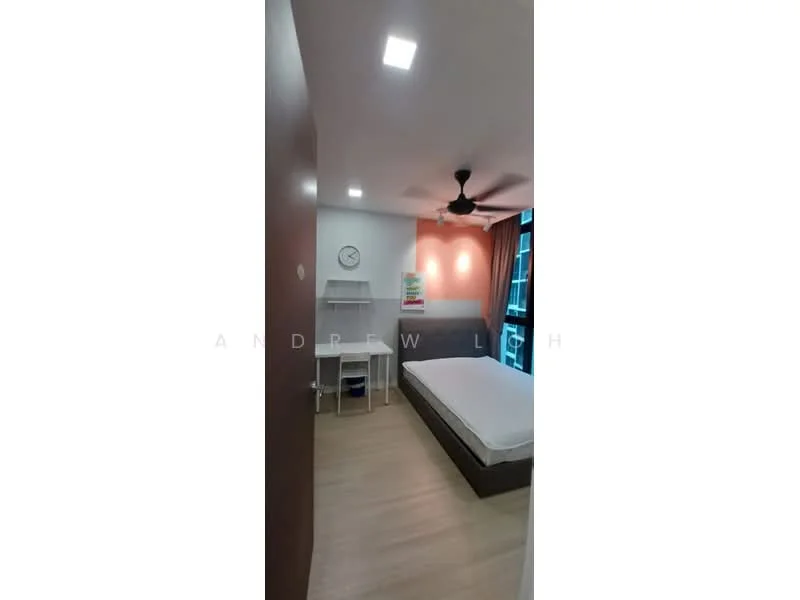 Bedroom features: wooden flooring, white painted walls, ceiling fan, wall clock, study desk, chair, bed frame without mattress, window with natural light; style: modern.