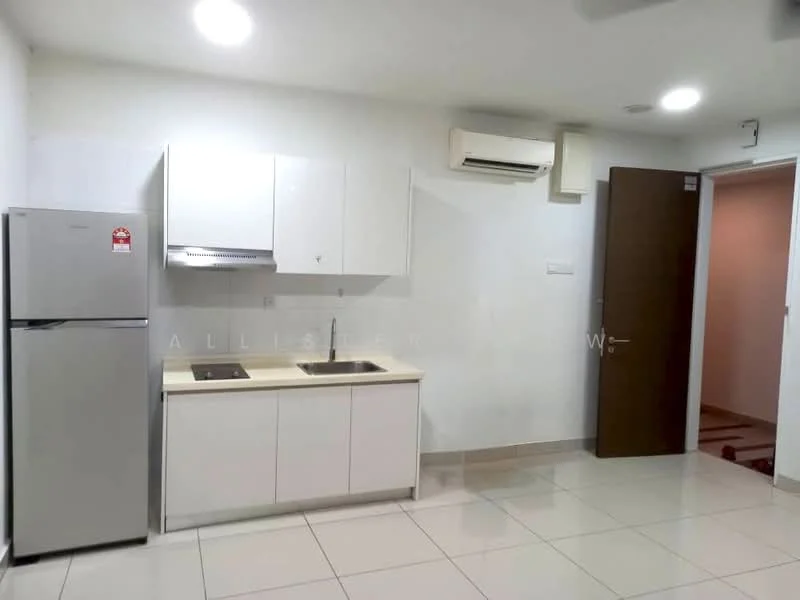 Kitchen features: white cabinetry, stainless-steel fridge, single-bowl stainless-steel sink, chrome pull-down faucet, white countertop, built-in oven, wall-mounted split AC, ceramic tile flooring, recessed downlights, neutral painted walls; style: modern.