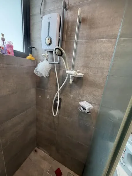 Bathroom features: walk-in shower with glass enclosure, chrome handheld shower head, wall-mounted shower mixer, grey tile cladding, non-slip floor tiles, soap dish, shower caddy, water heater, window for natural light; style: modern.