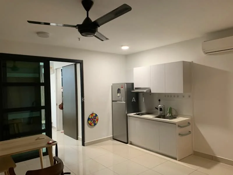 Kitchen features: white cabinetry, stainless-steel fridge, single-bowl stainless-steel sink, chrome pull-down faucet, white countertop, ceramic tile flooring, recessed downlights, wall-mounted split AC, kitchen appliances including kettle and coffee machine, open shelving, dining table, ceiling fan; style: modern.