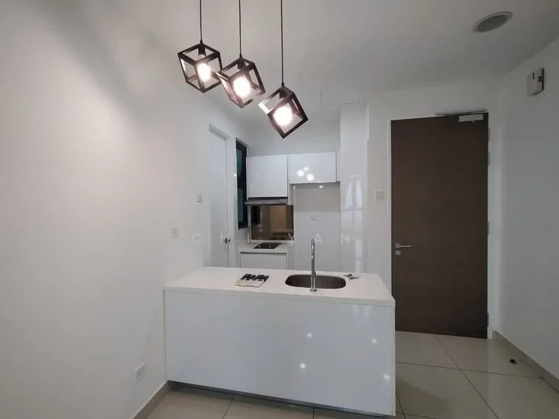 Kitchen features: white cabinetry, white countertop, stainless-steel sink, chrome pull-down faucet, 4-burner gas hob, built-in oven, pendant lighting with geometric design, tile flooring, wall-mounted cabinets, open shelving, neutral wall color, recessed lighting; style: modern.