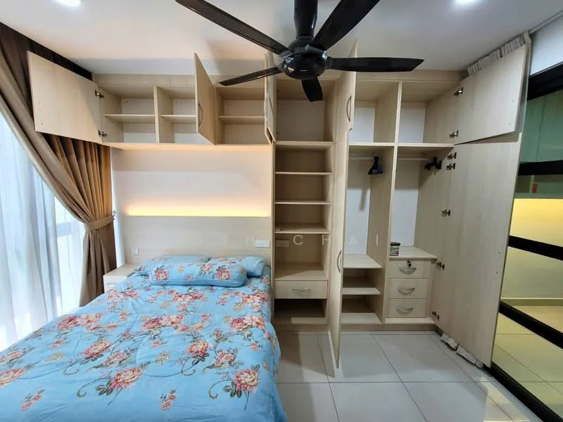 Bedroom features: queen-size bed with floral bedding, built-in wardrobe with multiple shelves, light wood cabinetry, recessed lighting above bed, floor-to-ceiling windows with sheer curtains, ceiling fan, white tiled flooring, decorative wall paneling; style: modern.