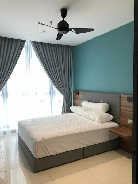 Bedroom features: queen-size bed, upholstered headboard, two white pillows, grey bed base, floor-to-ceiling windows, sheer curtains, dark grey curtains, ceiling fan, white tiled flooring, wooden bedside table; style: modern.