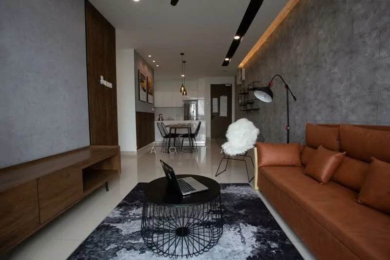 Living features: brown leather sofa, black coffee table with wire design, area rug with abstract pattern, wall-mounted TV, wooden TV console, grey accent wall, recessed lighting, pendant light fixture, floor lamp, open floor plan to kitchen, large windows with natural light; style: modern. Kitchen features: white cabinetry, stainless-steel appliances, kitchen island, pendant lights above island, open layout, dining area visible; style: modern.